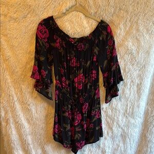 Express Black and Pink Ruffled Tie Front Romper